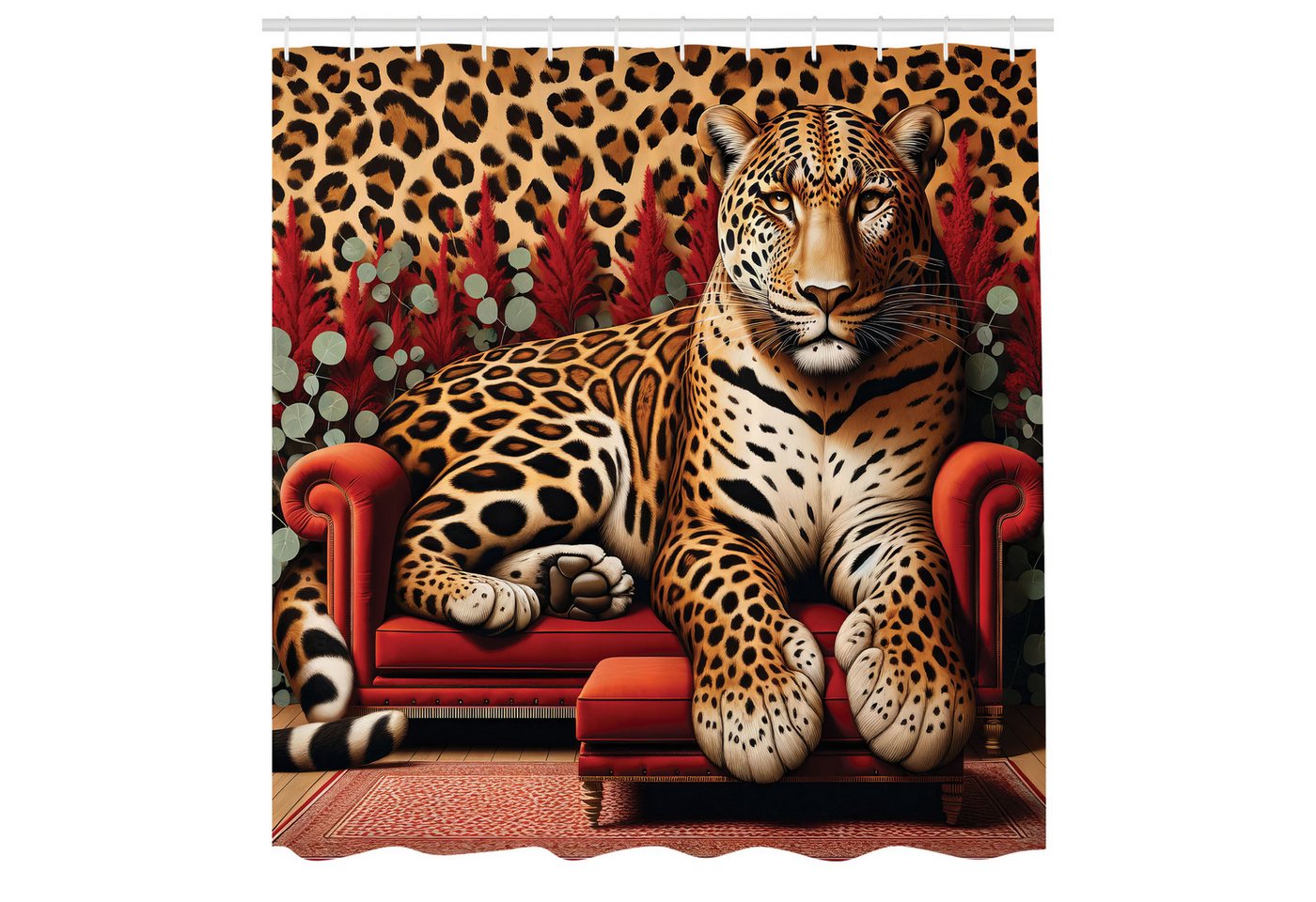 Abakuhaus Duschvorhang Moderner Digitaldruck mit 12 Haken auf Stoff Wasser Resistent Breite 175 cm, Höhe 180 cm, Leopard Große Katze auf Ecksofa von Abakuhaus