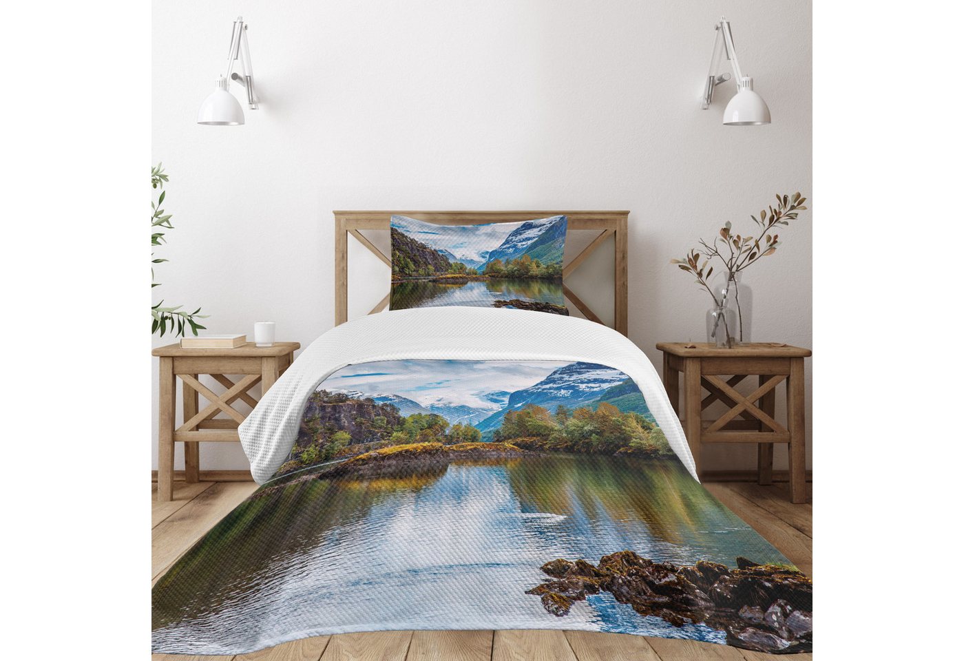 Tagesdecke Set mit Kissenbezügen Waschbar, Abakuhaus, Natur Snowy Mountains Norwegen von Abakuhaus