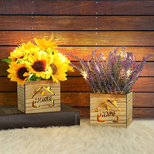 AceList Künstliche Pflanzen im Topf x2 mit LED-Licht im Holzkiste, Künstliche Blumen Deko Sonnenblume und Lavendel Pflanze, Kunstpflanzen im Topf Fake Pflanzen für Schlafzimmer Wohnzimmer Badezimmer von AceList