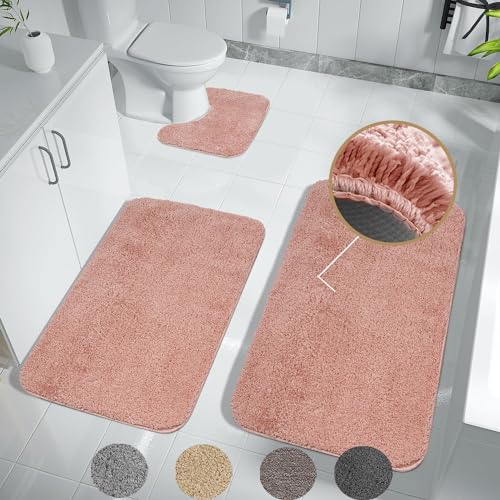 Achiiso Badematten Set 3 Stück,rutschfeste Badezimmer Toilettenmatte, Super saugfähige Mikrofaser Badematte Bodenmatte Maschine waschbar Badteppich(Rosa,U40*50+50 * 60+50 * 80cm) von Achiiso