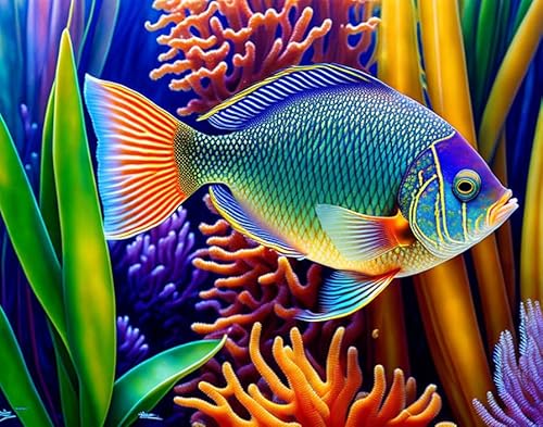 AgaaTi Deko Kunstdrucke Wandbild Leinwandbild Schule exotischer tropischer Fische zwischen Korallen und Wasserpflanzen für Heimtextilien 60x90cm von AgaaTi