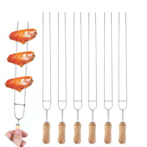 6 Stück Schaschlikspieße, 40 cm, doppelte Zinken, Edelstahl-Grillspieße, Metallspieße, Kabob-Spieße, Spieße, Spieße zum Grillen mit Holzgriff für Outdoor, Garten, Grill, Camping, Picknick von Agatige