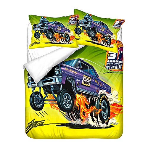 Agmdno Monster Truck Bettwäsche 135x200,Kinder-Bettwäsche Set,Cartoon Bettwäsche,hot Whee-ls Monster Truck,bettwäsche Jungen,Kissenbezug 80x80 (A01,135x200cm+80x80cmx1) von Agmdno