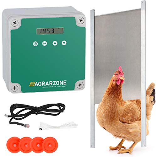 Agrarzone AUTOMATISCHE HÜHNERKLAPPE Batterie - Hühnertür 30 x 40 cm mit Timer, Manuell, Lichtsensor - Elektrische Hühnerklappe Automatisch - Türöffner für Hühnerstall Chicken Run von Agrarzone