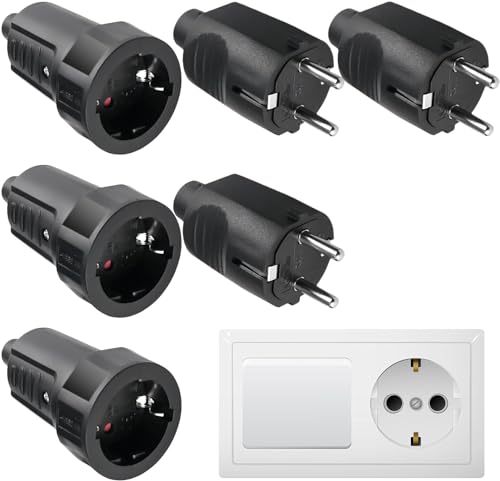 3 Paar Schuko Stecker Kupplung: 250V 16A IP44 Schutzkontakt Stecker, Gummi Schukokupplung Set mit Knickschutz, 2-polig Aussen Wasserdicht Schwarz Schukostecker und Gummikupplung ohne Kabel von Aicharynic