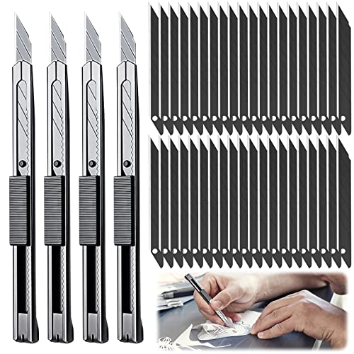 4 Stück Cuttermesser Set: Cuttermesser Profi Cuttermesser 9mm Messer Cuttermesser mit 40PCS 30°Abbrechklingen, aus SK5 Legierter Stahl, Tragbares Cutter Klingen für Folien, Papier, Basteln (Schwarz) von Aicharynic