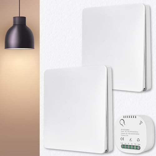 Funkschalter Set, Funk Lichtschalter Funk-Wandschalter 50M Reichweite Funkschalter Licht 230V, 2 Schalter mit 1 Empfänger Ohne Batterie Wasserdicht Drahtlos Schalter für Lampe Innen Außenbereich von Aicharynic