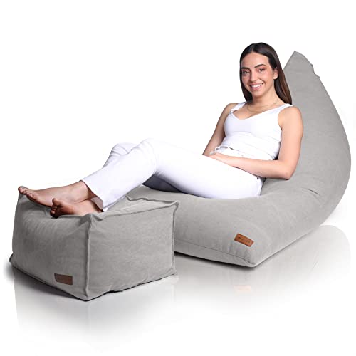 Aiire Modern Sitzsack mit Hocker XXL Design - Riesen Bean Bag + Pouf Flauschig mit Füllung für Jungen und Kinder - Sitz Sack Sofa mit Lehne - Fußhocker Fußkissen Bodenkissen und Liege Grau von Aiire