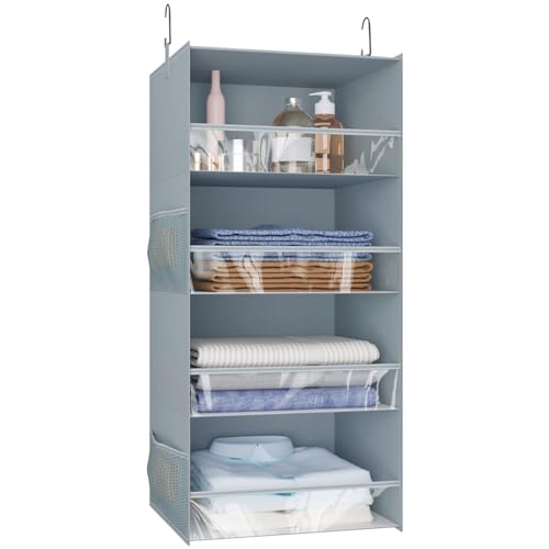 Aikebhc Hängender Schrank-Organizer mit 4 Regalen, breiter und faltbarer Hängeschrank mit 4 Seitentaschen, Aufbewahrung für Kleidung, Handtasche, Schuhe, Accessoires, Grau von Aikebhc