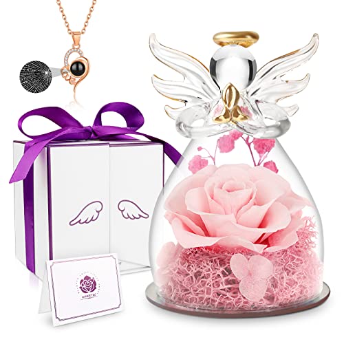 Konservierte echte Rose mit Engel für Frauen, Frau, Muttertag, Geschenk für Mutter, Engelsfiguren mit handgefertigten Rosenblumen & Love You Necklack für Hochzeit, Geburtstag, Geschenke (D Pink) von Aikertec