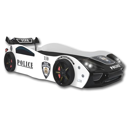 Aileenstore Autobett 90x200 Jungen Kinder Kinderbett Police Rennwagenbett inkl. Lattenrost LED-Leuchte Spoiler (Fresh Plus H2 Matratze) von Aileenstore