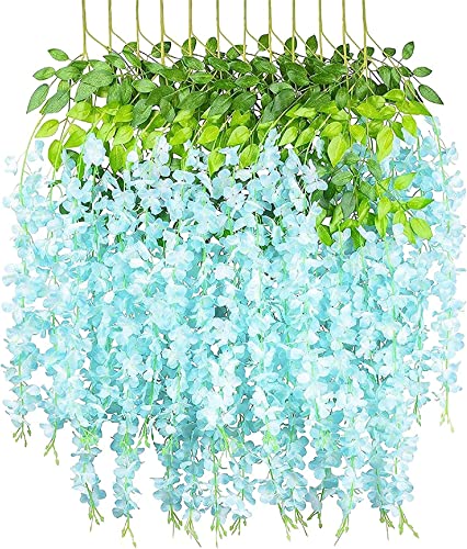 Ailovone Kunstblumen Künstliche Glyzinien Blumen 12 stück hängepflanze künstlich Kunstblumen für den Außenbereich kunstblumen Balkon für Party Home Dekoration Hochzeiten 110 cm (Blau) von Ailovone