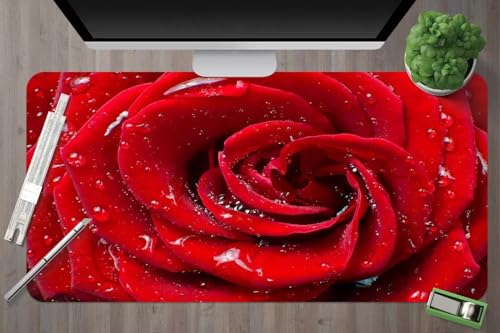 Rote Rosen Blume Mauspad Tischunterlage Large Size Groß Abwaschbar Weiche und Glatte Oberfläche Mit Genähten Kanten Tisch-Schutz Unterlage für Büro/Home-1000x500x2mm von Aimaor