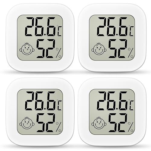 Ainiv Mini LCD Thermometer, 4 Stück Digital Thermometer Innen, Hygrometer Innen, Thermometer Hygrometer, Kabelloses, Luftfeuchtigkeit Meter für Babyzimmer Wohnzimmer Büro Gewächshaus(Weiß) von Ainiv