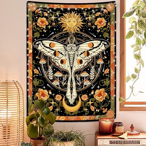 Aipon Motten-Tapisserie Orange Sonne und Mond Blume Wandteppiche Retro Vintage Floral Pilz Boho Pflanze Botanischer Wandteppich für Schlafzimmer Mondphase Indie Hippie Ästhetische Apestry Wandbehang von Aipon