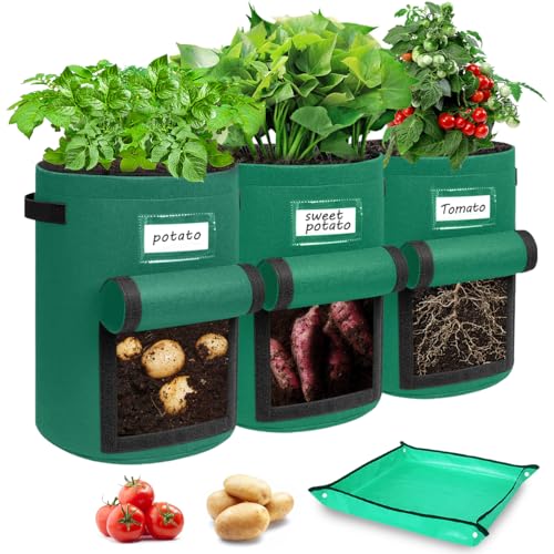 Airminti Kartoffel Pflanzsack, 13 Gallonen 49.21L kartoffelsack Zum Pflanzen/ 3 Stück Pflanzsack mit Sichtbarer Klappe, Pflanzenschilder Zum Beschriften für Kartoffeln, Tomaten,Blumen, Gemüs von Airminti