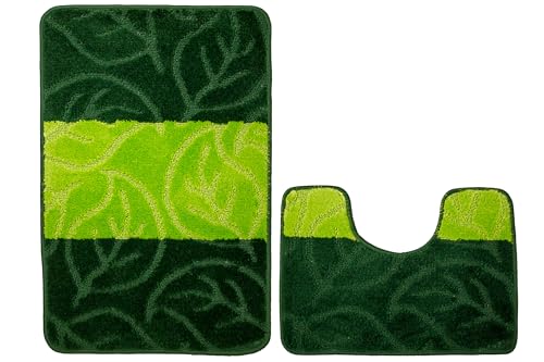 Badteppich Badematte Modisches Farbmuster Zweistufig weich Angenehm rutschhemmend Radblätter AKCILA Streifen gummiert Latex (50x80 + 40x50 cm, Milano green) von Akcila