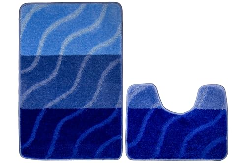 Badteppich FIORI Badematte Modisches Muster Blau Rot Violett Zweistufig Weich Angenehm Anti-Rutsch Wellen AKCILA Streifen gummiert Latex (blue, 50x80 + 40x50cm) von Akcila
