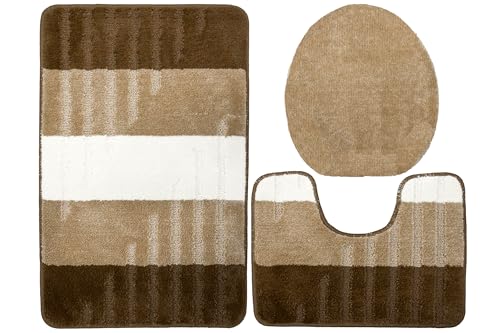 Badteppiche VIC Badematte Modisches Farbmuster zwei Ebenen Weich Angenehm Anti-Rutsch Wellen AKCILA Streifen gummiert Latex (beige, 50x80 + 40x50 cm + Auflage) von Akcila