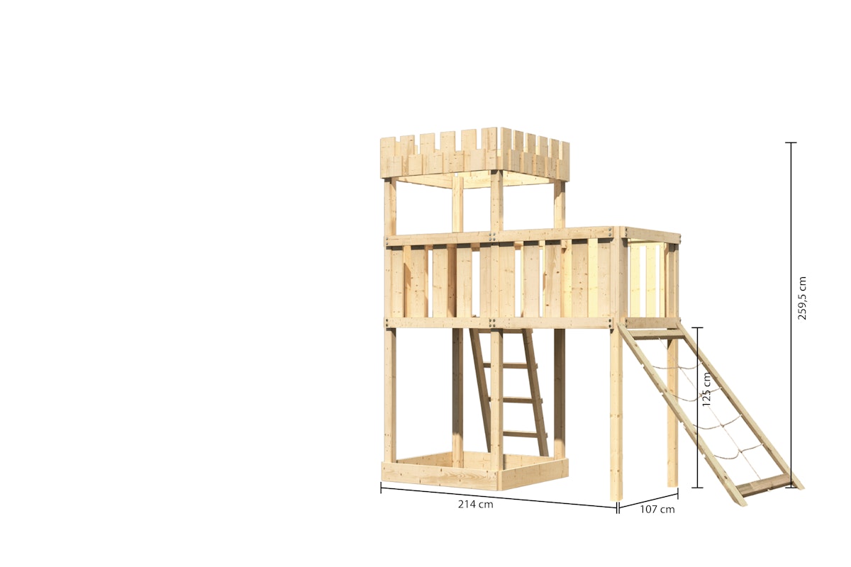 Akubi Kinderspielturm Ritterburg Löwenherz inkl. Anbauplattform und Netzrampe naturbelassen von Karibu