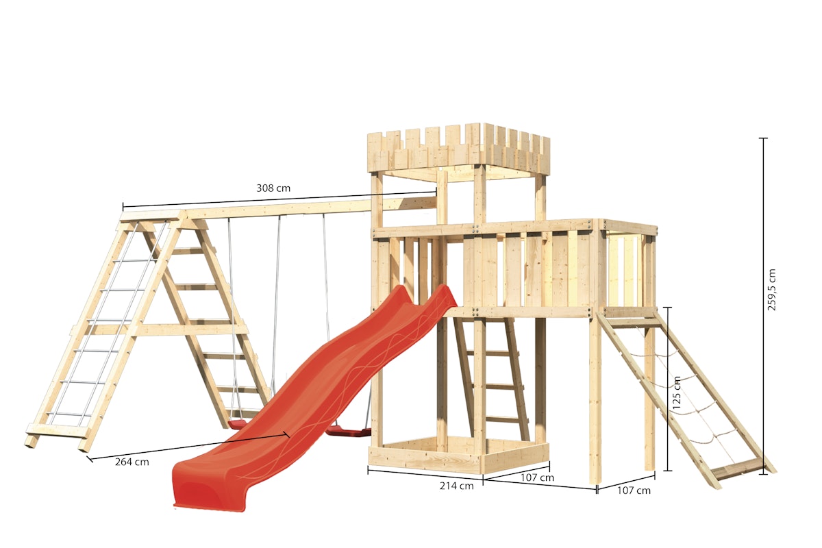 Akubi Kinderspielturm Ritterburg Löwenherz inkl. Wellenrutsche, Doppelschaukelanbau, Klettergerüst, Anbauplattform und Netzrampe rot von Karibu