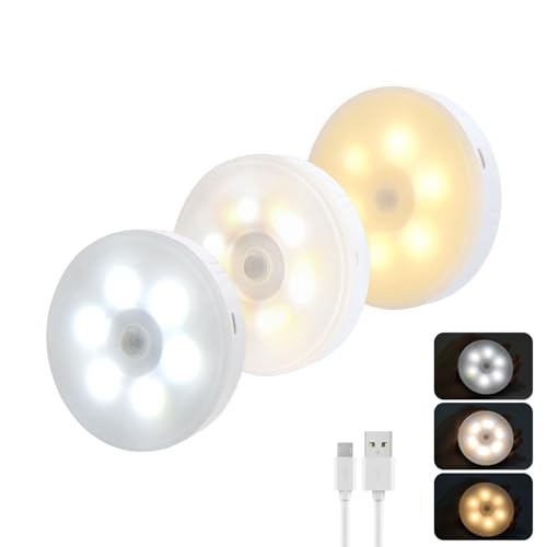 Akynite 0.5W LED Bewegungsmelder USB Wiederaufladbar mit akku, 10 LEDs, 3 Farbwechsel, Auto Nachtlicht Bewegungslicht Magnetisch für Treppen Flur Schränke, 3pcs von Akynite