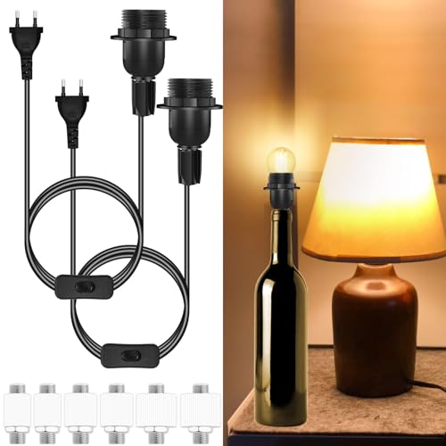 2PCS Lampenfassung für Flaschen E27, Fassung mit Schalter und 1.8m Kabel für Flaschen, Max. 60W, Flaschenlampen DIY Kit, E27 Fassung Flaschenadapter für kreative Tischlampen, Schwarz von Akynite