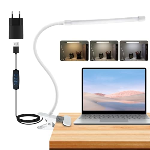 Akynite 8W USB Klemmlampe mit Schalter und Kabel, Schreibtischlampe Kinder Klemmbar, 3 Farbwechsel & 10 Helligkeit, LED Schwanenhals Klemmleuchte für Leselampe Schminklampe Notenpult Licht, Weiß von Akynite