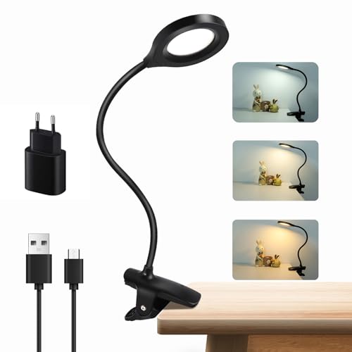 Bett Leselampe Klemmbar, USB Aufladbar ohne Kabel, 1050LM, 8W Bettlampe mit akku, 3 Farbwechsel und 3 Helligkeit, Schreibtischlampe Touch Dimmbar, Mit Steckdose,Klemmlampe für Bett, Schwarz von Akynite