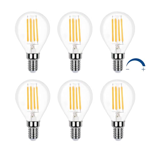 Glühbirne E14 G45 LED Tropfenform Dimmbar Warmweiß 2700K, Retro Stil, 400LM, 4W Ersetzt 40W Glühlampe, Klein E14 LED Filament Lampe P45 Warmweiss Dimmbar für Esstischlampe/Deckenlampe, 6er-Set von Akynite