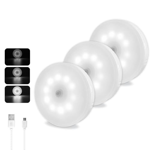 Akynite 0.5W LED Nachtlicht mit Bewegungsmelder Dimmbar Kaltweiß 6000K, 10 LEDs, USB Wiederaufladbar, Licht Sensor Treppenlicht Bewegungslicht Magnetisch für Treppenstufen Flur Schränke Bad, 3 Stück von Akynite