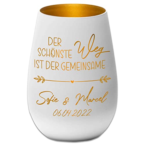 Hochzeitsgeschenk - Windlicht - Der schönste Weg ist der gemeinsame - Weiß/Gold - personalisierbar - Gravur Namen und Datum - Liebe - Valentinstag - Jahrestag von Albcraft MADE WITH LOVE