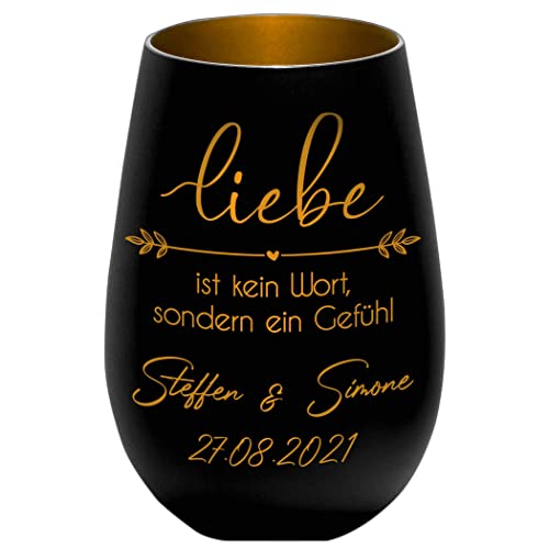 Hochzeitsgeschenk - Windlicht - Liebe ist kein Wort sondern EIN Gefühl - Schwarz/Gold - personalisierbar - Gravur Namen und Datum - Liebe - Valentinstag - Jahrestag von Albcraft MADE WITH LOVE