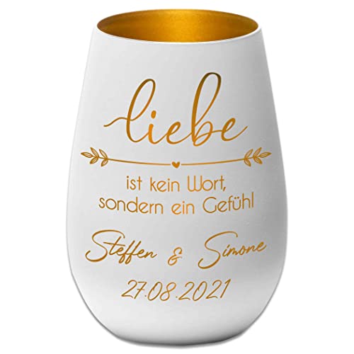 Hochzeitsgeschenk - Windlicht - Liebe ist kein Wort sondern EIN Gefühl - Weiß/Gold - personalisierbar - Gravur Namen und Datum - Liebe - Valentinstag - Jahrestag von Albcraft MADE WITH LOVE