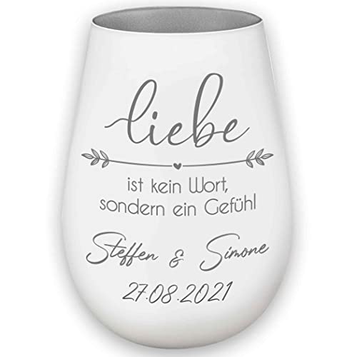 Hochzeitsgeschenk - Windlicht - Liebe ist kein Wort sondern EIN Gefühl - Weiß/Silber - personalisierbar - Gravur Namen und Datum - Liebe - Valentinstag - Jahrestag von Albcraft MADE WITH LOVE