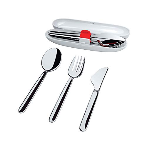 Alessi, Food à porter SA04S3 G, Reisebesteck: Löffel, Gabel, Messer aus Edelstahl 18/10. Etui aus thermoplastischem Harz, grau. von Alessi