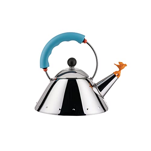 Alessi Kettle 9093/1 LAZ - Wasserkessel mit Magnetboden aus Edelstahl 18/10 Glänzend Poliert, für Induktionsherde Geeignet, mit Griff und Vogelförmiger Flöte aus PA, Hellblau von Alessi