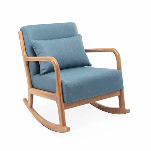 Schaukelstuhl Design Holz und Stoff, Blau, 1 Sitz, skandinavischer Schaukelstuhl von Alice's Home