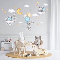 Hasen Wandtattoa, Kinderzimmer Wandtatto, Heißluftballon, Aquarell Schlafende Tiere, Waldtiere, Wolken Und Sterne von AlicesdreamsStore