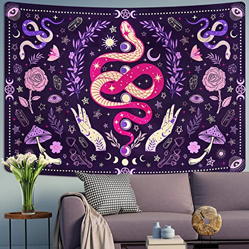 Alishomtll Schlange Natur Wandteppich Lila Mondphasen Hände Blumen Wandbehang Mysteriöse Garten Pflanzen Pilz Wandteppiche Wandtuch Wandkunst für Schlafzimmer Wohnzimmer 150x130cm von Alishomtll