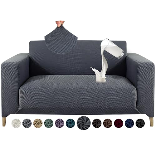 Alishomtll Sofa Überzug 2 Sitzer Stretch Sofabezug Universal Wasserdicht Couch Überzug Sofaüberwürfe Elastische Jacquard Couchbezug rutschfest Sofaschoner für Hunde Katzen (140-185cm, Dunkelgrau) von Alishomtll