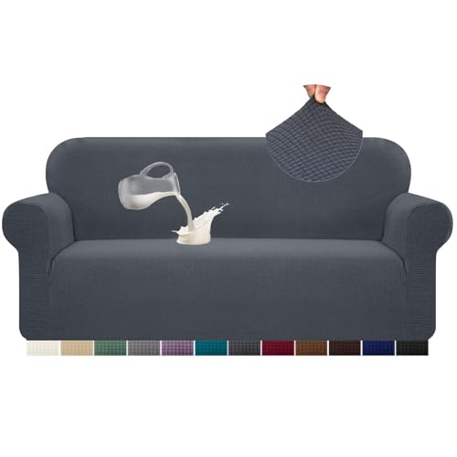 Alishomtll Sofa Überzug 3 Sitzer Stretch Sofabezug Universal Wasserdicht Couch Überzug Sofaüberwürfe Elastische Jacquard Couchbezug rutschfest Sofaschoner für Hunde Katzen (185-230cm, Dunkelgrau) von Alishomtll