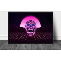 Vaporwave Poster, Retrowave Skull Wall Art, Retro Szenerie Cyberpunk Illustration Kunst, Synthwave Weihnachtsgeschenk von AljonaHandmade