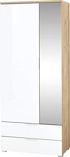 Garderobenschrank Paterna, in Navarra-Eiche-Nachbildung/Weiß, Fronten mit Glasauflage, Spiegel und ausziehbarer Kleiderstange, 84x196x40 von GERMANIA DIE MÖBELMACHER