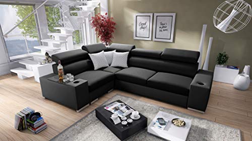 All4All Ecksofa Plato mit Schlaffunktion und Bettkasten Schlafsofa Gewebe Kunstleder Grau Schwarz Blau Lila 26 (Links, Sawana 14 + Ekj 5) von All4All