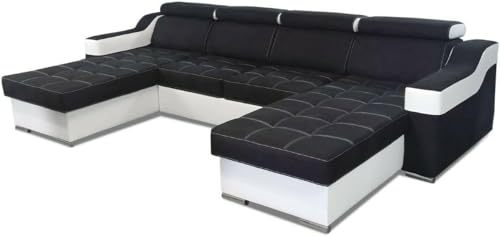 Ecksofa mit Schlaffunktion Geri U Wohnlandschaft Bettkasten Schlafsofa Verstellbare Kopfstützen Groß Big Sofa XXL Schwarz Weiß Schnelle Lieferzeit Schlafcouch 19 (Stoff Sawana 14 + Kunstleder weiß) von All4All