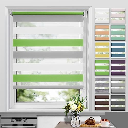 Allesin Doppelrollo Klemmfix Rollos für Fenster ohne Bohren, (90 x 130 cm Grün-Grau-Weiß), Klemmrollo Duo Rollo mit Bohren, Fensterrollo innen, lichtdurchlässig Sichtschutz und Sonnenschutz von Allesin