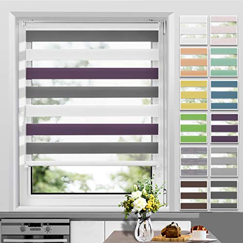 Allesin Doppelrollo Klemmfix ohne Bohren & mit Bohren, (50x130cm Weiss-Lila-Anthrazit), Duo Rollos für Fenster und Tür, Klemmrollo Fensterrollo lichtdurchlässig, Sichtschutz und Sonnenschutz von Allesin