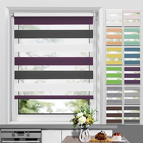 Allesin Doppelrollo Klemmfix ohne Bohren & mit Bohren, (50x150cm Weiss-Lila-Anthrazit), Duo Rollos für Fenster und Tür, Klemmrollo Fensterrollo lichtdurchlässig, Sichtschutz und Sonnenschutz von Allesin