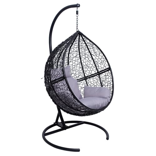 Einzel-Hängesessel Größe L - geeignet für In- und Outdoor - bis 150 kg - Korb aus Polyrattan mit Gestell und Sitzkissen - Hängekorb, Hängestuhl, Schwebesessel, Hängeschaukel von Allpax